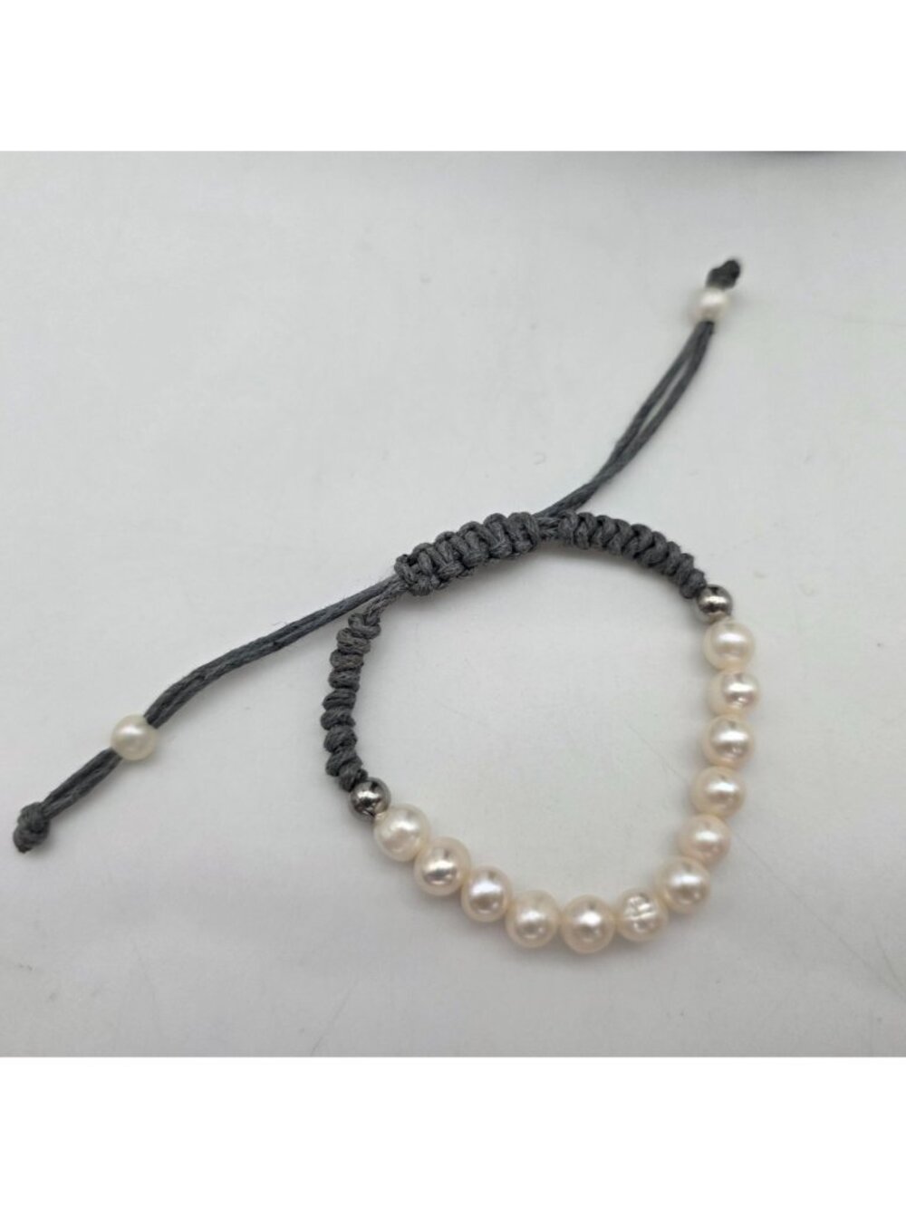Freshwater Pearl & Sterling Beads Adjustable Macrame Bracelet With Gray Cord - Picture 4 of 4